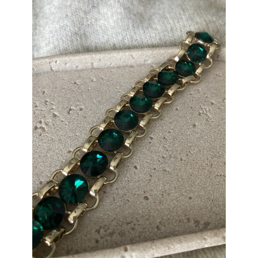 Wide Gold Tone Bracelet Green Faceted Bling Tennis Statement Chunky Costume